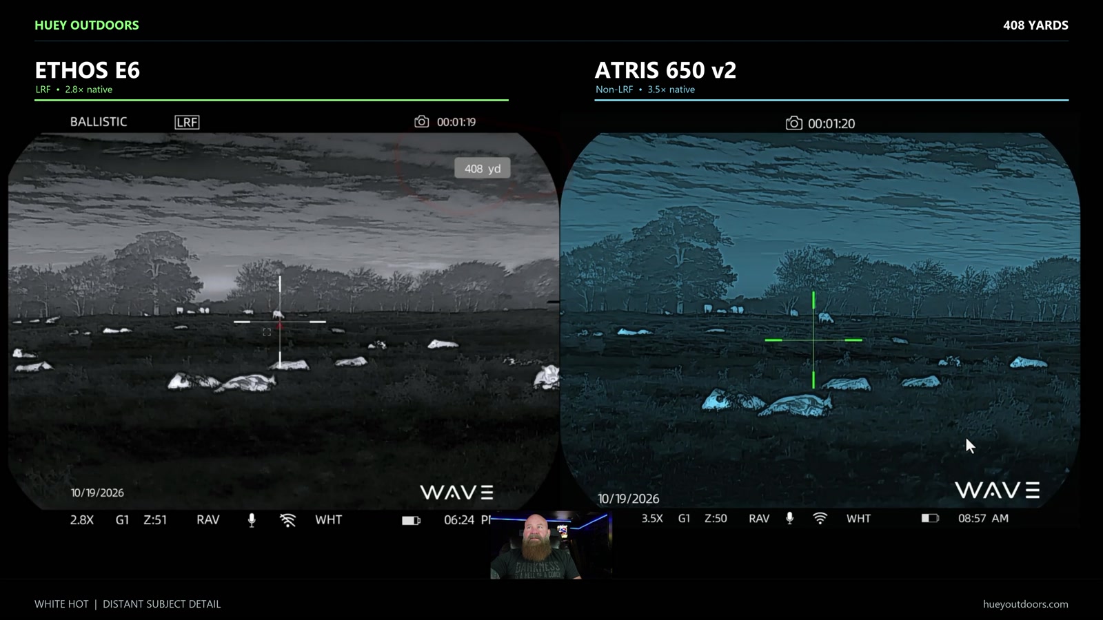 Cattle viewed at 408 yards through the WAVE ETHOS E6 on the left and blue-tinted ATRIS 650 V2 on the right.