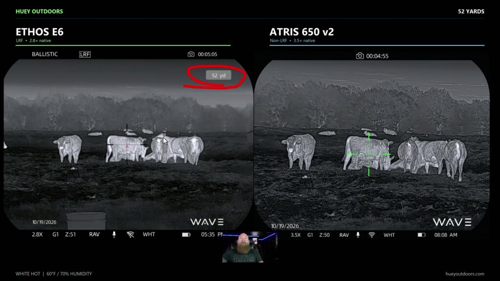 Side-by-side thermal views of cattle at 52 yards, WAVE ETHOS E6 on the left and ATRIS 650 V2 on the right.